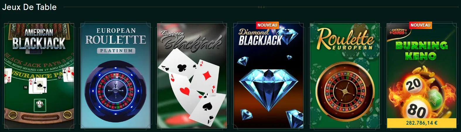 Jeux de table du Casinia Casino incluant blackjack et roulette