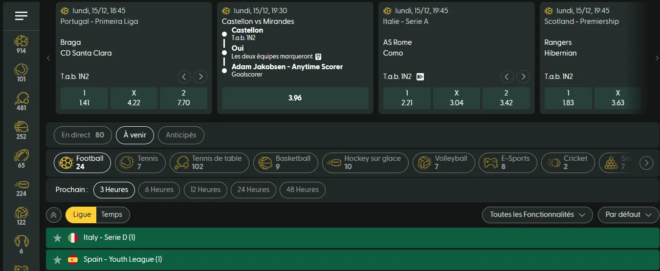 Paris sportifs disponibles au Casinia Casino avec événements en direct