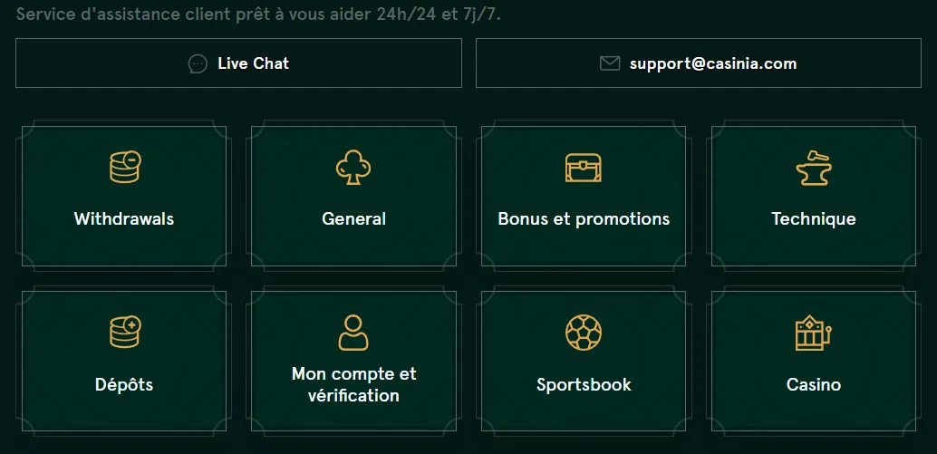 Service client du Casinia Casino disponible 24/7 pour assistance